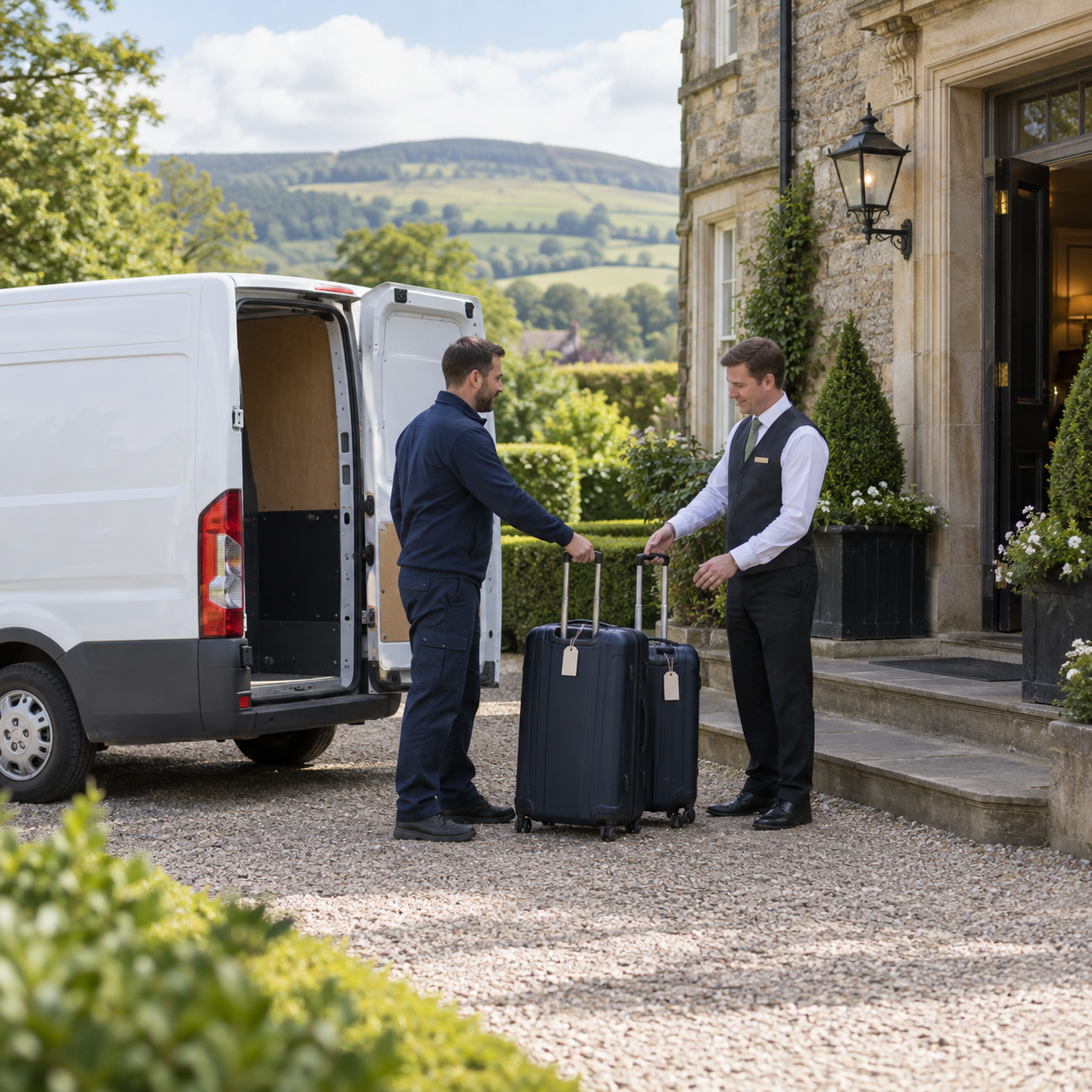 MNN Logistics driver delivering luggage to accommodation staff in the Scottish Borders MNN Logistics driver delivering luggage to accommodation staff in the Scottish Borders