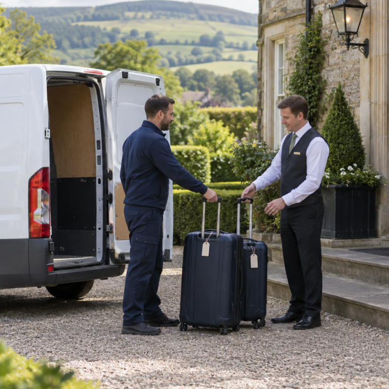 MNN Logistics driver handing luggage to accommodation staff in the Scottish Borders MNN Logistics driver handing luggage to accommodation staff in the Scottish Borders